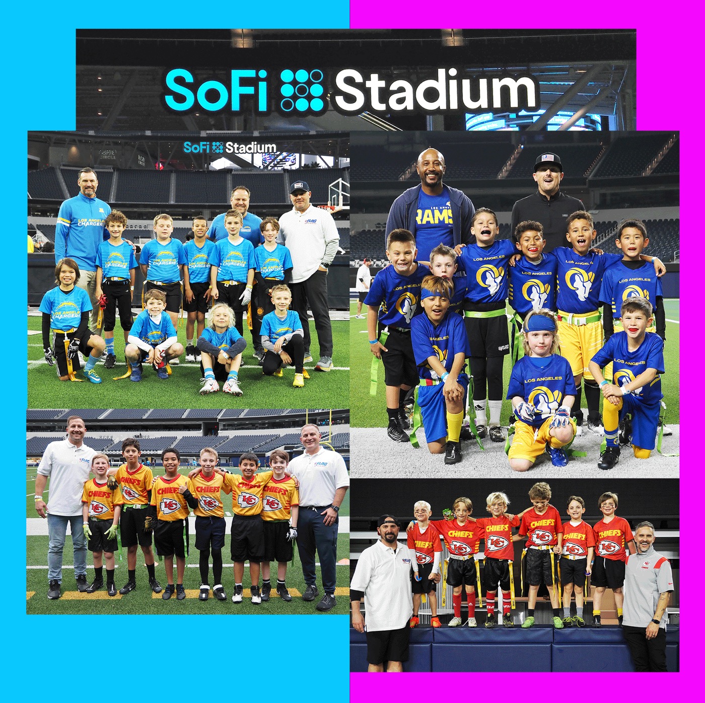 Teams posing on the field at SoFi Stadium